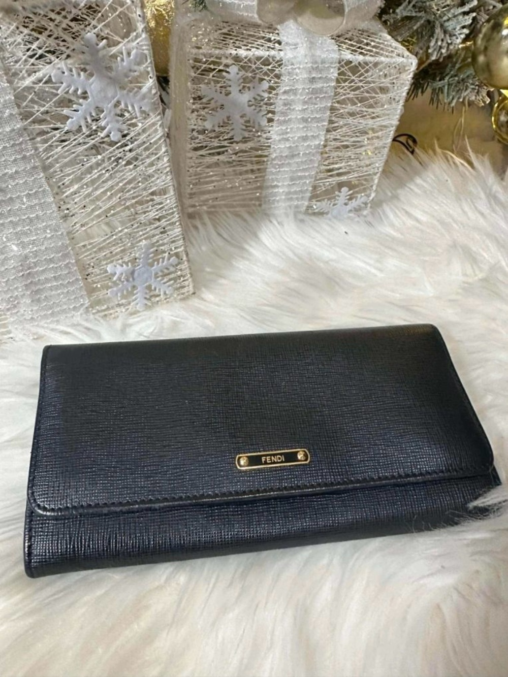 Fendi Black Textured Leather Continental Wallet with Gold Plate